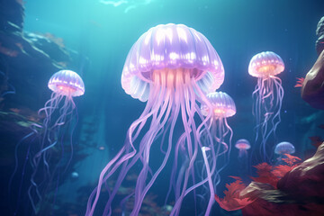 Magical sea with a glowing beautiful jellyfish. Glowing jellyfish fabulous underwater world. Ai generated