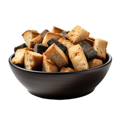 Black bowl with crispy rusk in it.