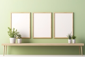 Three vertical wooden empty frame poster on wooden table with lite green pastel wall. 3 frame mock up. Generative AI.