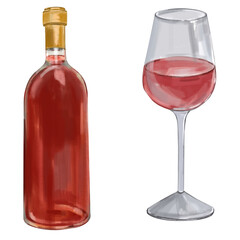 Watercolor bottle of red wine with wineglass. Beautiful realistic hand drawn illustration.