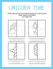 Canvas schilderij Eenhoorn Unicorn Time Activity Worksheet for Pre-K, and Kindergarten  © Digitalphoto 4U