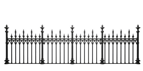 Dark gray metal straight fence with vintage gothic style monograms isolated on white transparent png background, cutout, clipart. 3d render illustration style.