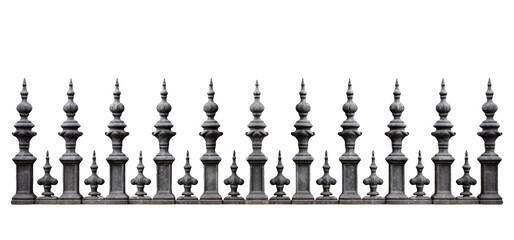 Dark gray metal straight fence with vintage gothic style monograms isolated on white transparent png background, cutout, clipart. 3d render illustration style.