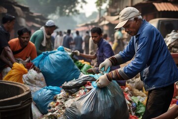 Recycling champs in action! Informal waste collectors sort recyclables in the lively market hub.