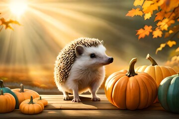 Halloween holiday, cute hedgehog and pumpkin on a neutral background created by artificial intelligence on a neutral background generated by AI