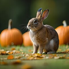 Obraz premium Halloween holiday,cute bunny, rabbit, and pumpkin on a neutral background created by artificial intelligence on a neutral background generated by AI