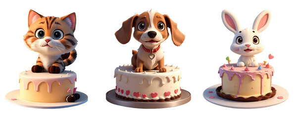 Adorable baby dog, cat, rabbit birthday celebration with cakes  isolated on transparent background, 3d illustration. Generative AI