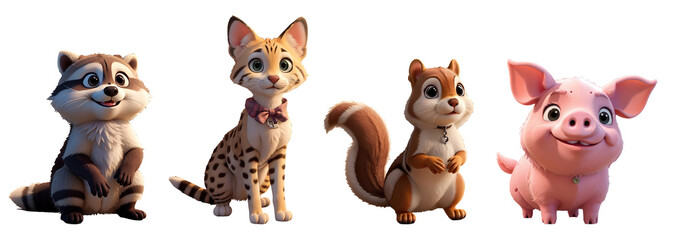 Group of adorable animals, raccoon, serval cat, squirrel, pig isolated on transparent background, 3d illustration. Generative AI