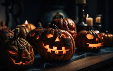 Close up of carved halloween pumpkins on table. AI, Generative AI
