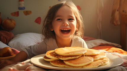 The child wakes up with a smile, knowing that a delicious pancake breakfast awaits downstairs.