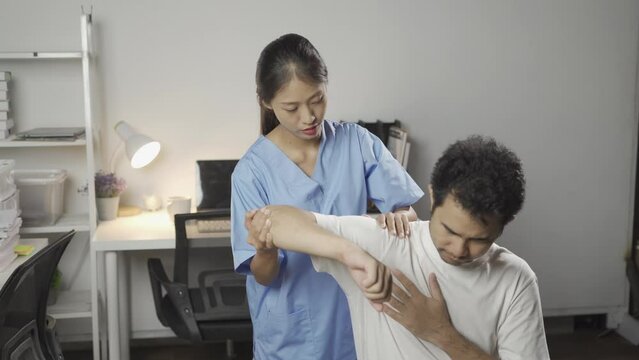 The female doctor asked the male patient to do physical therapy with muscle pain in the arms and legs. The female physician helped to take care of the male egg.