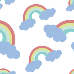 Cute clouds and rainbow seamless pattern for kids. Cute baby shower vector background. Child drawing style. Vector illustration.