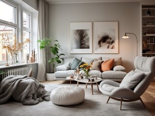 Modern bright living room with large cozy armchairs generative ai