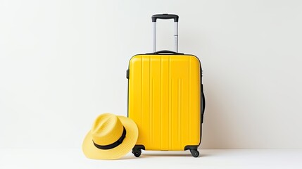 baggage travel. yellow suitcase with travel accessories such as sunglasses, hat and camera on light background.