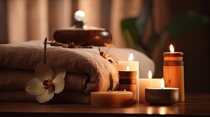 Obraz na płótnie Canvas Beautiful spa treatment composition such as Towels, candles, essential oils, Massage Stones on light wooden background. blur living room, natural creams and moisturising Healthy lifestyle, body care..