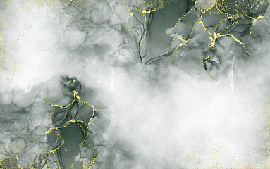 green alcohol ink graceful abstract ink flow art mixed with gold patterns with a translucent background.