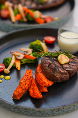 Beef Steak, Potatoes Wedges Vegetable with White Sauce