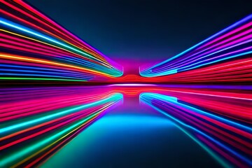 Abstract neon light fluorescent Neon Lights glow ,Reflection on water, exhibition background 3D illustration.AI generated