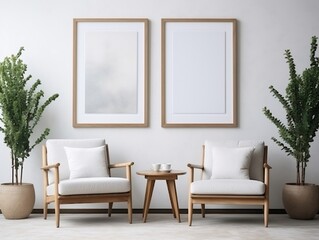 Interior design of modern living room with two armchairs and big frame poster generative ai