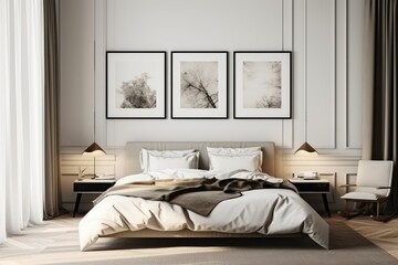 Mockup frame in cozy bedroom interior background, generative AI
