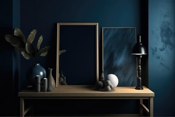 Mock-up frame in dark blue home interior, AI generated