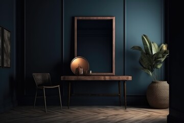 Mock-up frame in dark blue home interior, AI