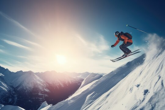 Jumping skier skiing. Extreme winter sports on mountain, AI generated