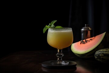 Fototapeta premium Tropical Melon Margarita: A refreshing summer cocktail. A vibrant blend of sweet melon and zesty lime, served in a chilled glass.