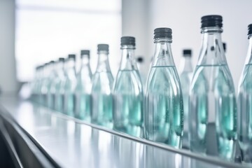 Line of bottling beverages in plastic bottles, AI generated