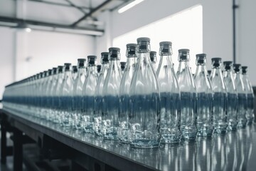 Line of bottling beverages in plastic bottles, AI