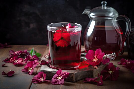 Traditional herbal drink, hibiscus flower tea with bright red tea flowers and delicate petals.