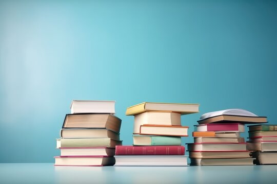 Many books on a wooden table and a pastel blue backgroung, AI