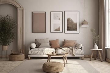 Mockup frame in Scandinavian living room interior background, AI generated image