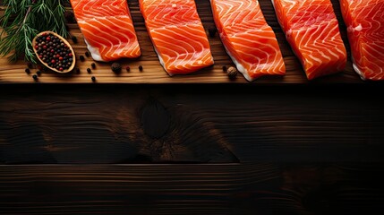 Salmon on wood table, Generative AI