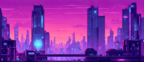 Wide-angle panorama of a cyberpunk cityscape. Futuristic city scene in a style of pixel art. 80's wallpaper. Retro future illustration. Urban scene.