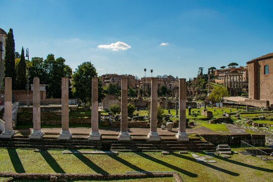 Aerial View Of Ruins Of Temple Of Vespasian And Titus In Italy