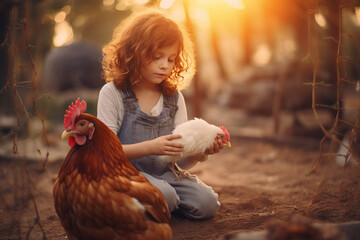 3D digital photo portrait of cute girl little farmer rancher sitting yard playing domestic birds created by generative ai technology
