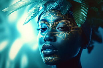 Portrait picture photo of black skin woman shaman wear aztec makeup traditional face ornament on blue neon color background generative ai