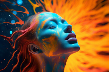 Created by generative ai multicolored face woman closed eyes idyllic bright makeup avatar stylish wavy hair isolated on orange background