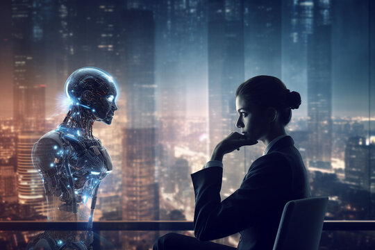 Surreal 3d digital photo picture of minded girl inventor robot sit office night town view looking smart machine created with generative ai