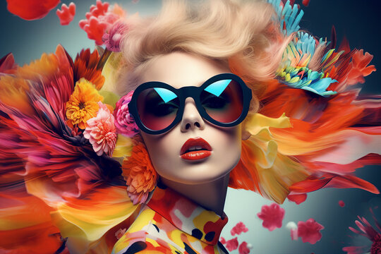 Portrait of gorgeous young lady sunglass model blonde marilyn monroe decor flowers glamour generative ai picture collage drawn background