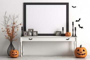 empty frame on white wall, table with halloween decorations, generative ai