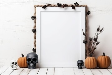 skulls, candles and blank frame on white wall background, generative ai