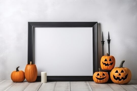 halloween decorations and blank frame on white wall background, generative ai