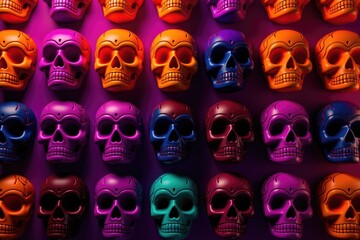 painted group of skulls on dark purple background, dia de los muertos, all saints day, generative ai