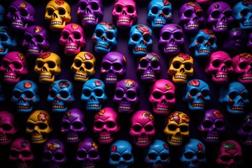 Obraz premium painted group of skulls on dark purple background, dia de los muertos, all saints day, generative ai