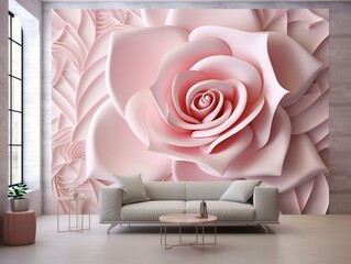Living Room with Abstract Geometric Squares and Pink Flower Mural wall art generative ai
