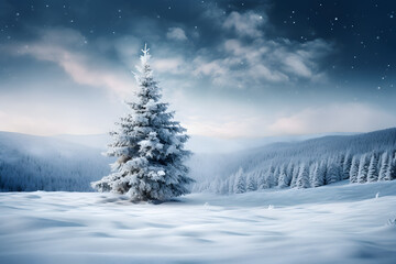 Beautiful winter landscape single tree during sunset in snow 