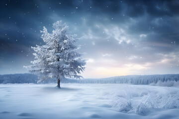 Beautiful winter landscape single tree during sunset in snow 