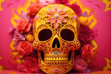 painted skull on blurred pink background, dia de los muertos, all saints day, generative ai